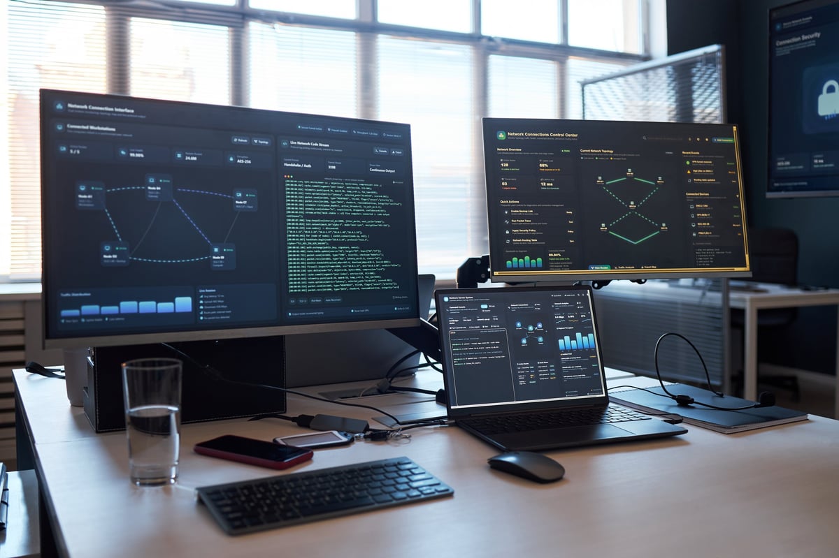 Wide shot of cybersecurity workstation displaying network monitoring dashboards, code streams, analytics across multiple screens. Supporting IT security, data protection, SOC marketing